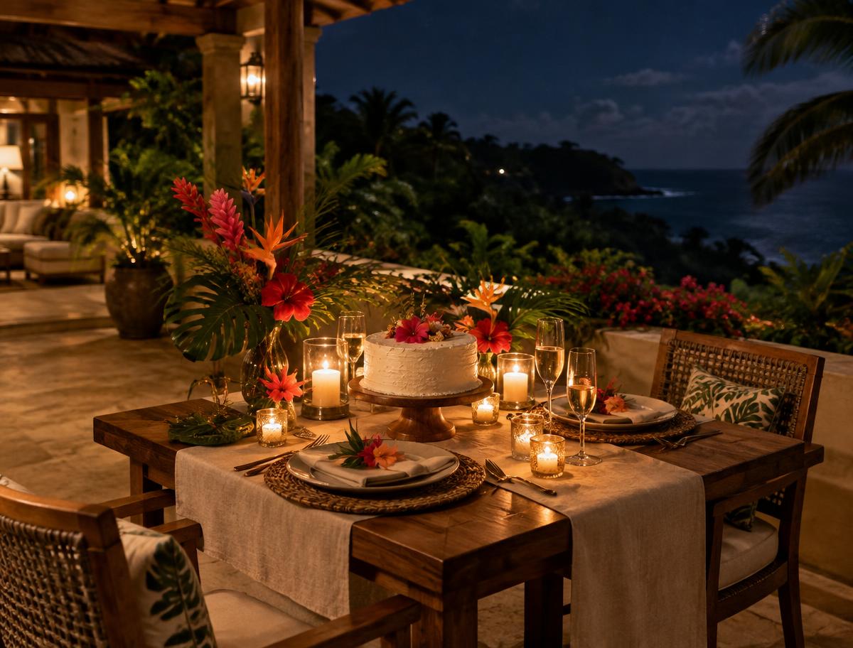 A celebration table with flowers, candles and a cake on a villa terrace at night