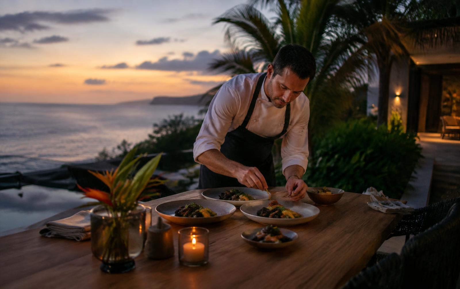 A private chef plating dinner on a villa terrace at sunset