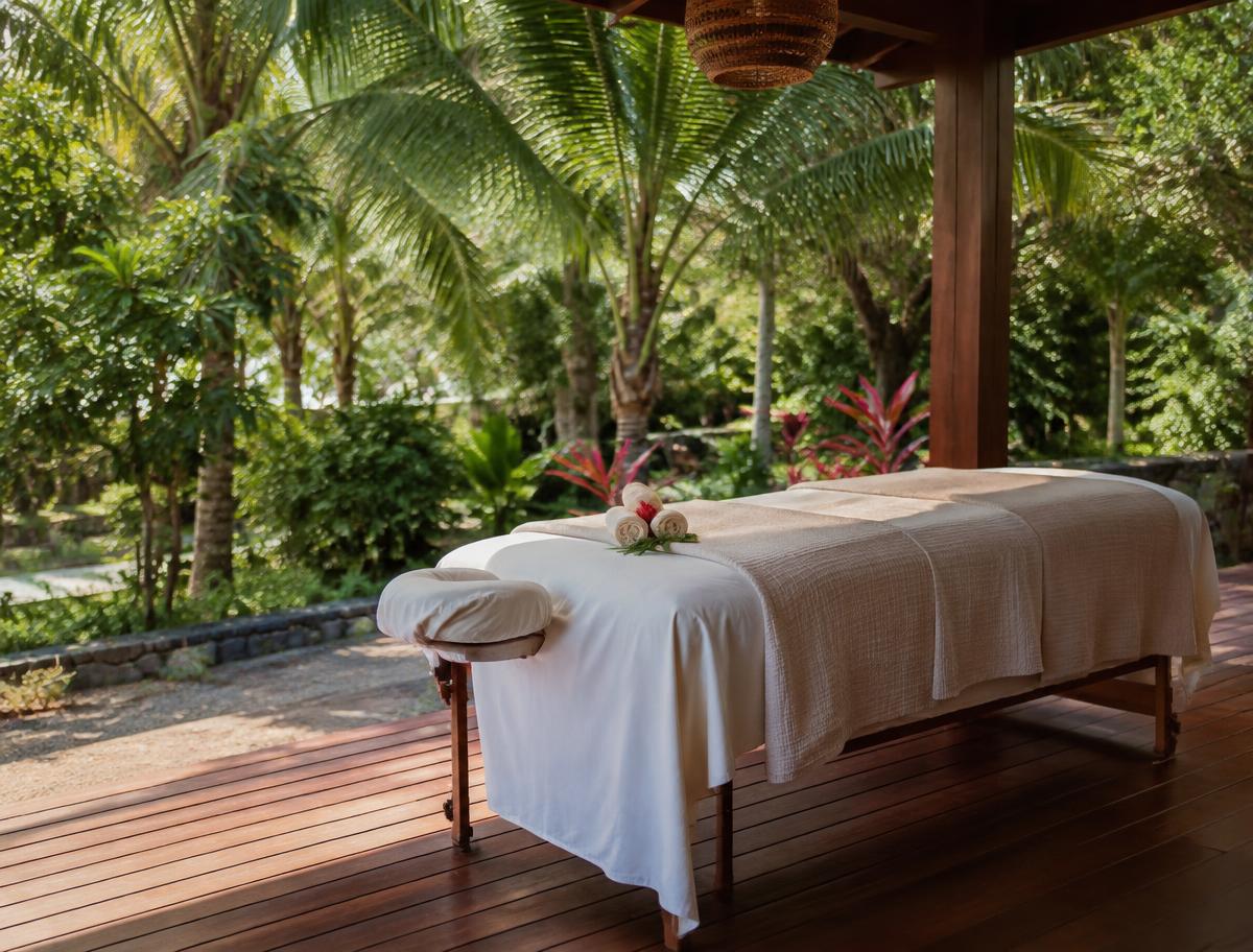 A massage table set up on a shaded villa terrace